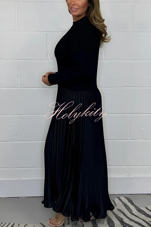 Stylish Knitted Round Neck Long Sleeve Patchwork Pleated Hem Maxi Dress