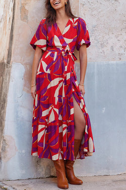 Unique Printed Waist Lace Up Slit Maxi Dress