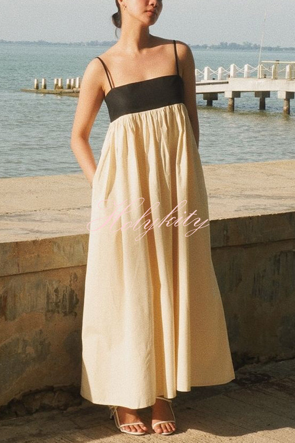 Linen Blend Sexy Sling Backless Contrast Maxi Dress