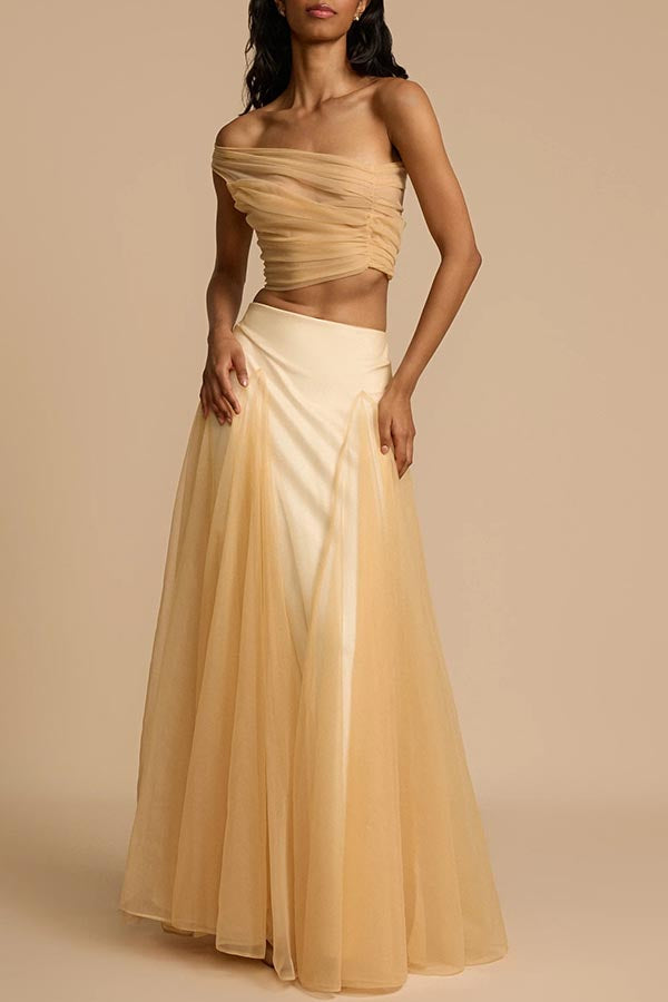 Romance Factor Satin Patchwork Tulle High Rise Elastic Waist A-line Maxi Skirt