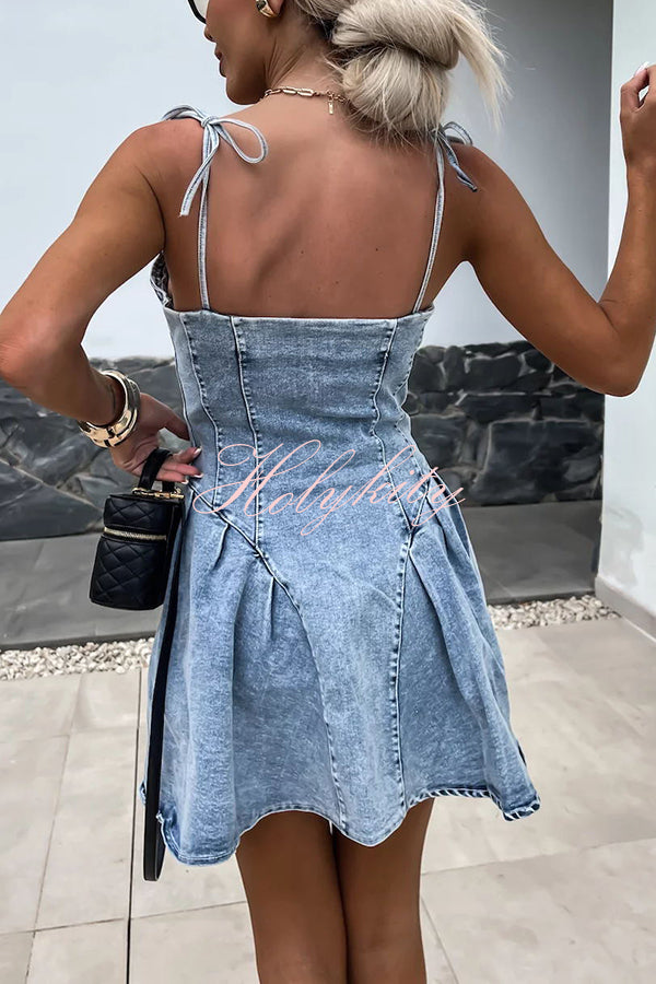 Sweet and Unique Washed Denim Center Front Zipper Stretch Mini Dress