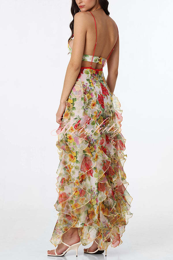 Sunrise Goddess Chiffon Roses Print Ruffles Tiered Trim Maxi Dress