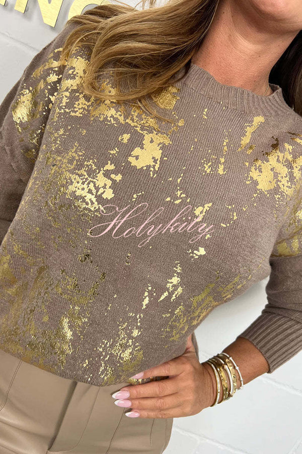 Fashionable Gold Stamping Printed Round Neck Long Sleeve Loose Sweater