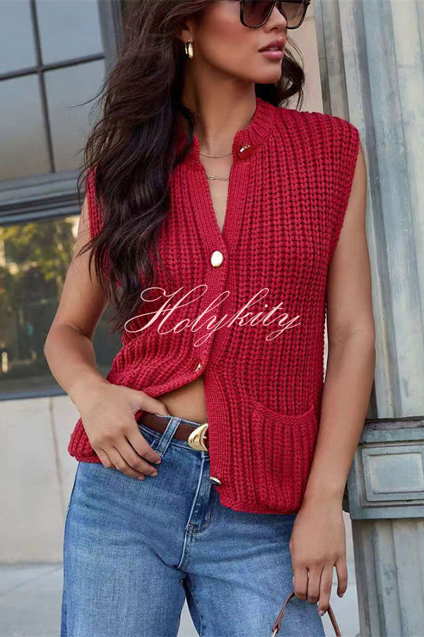 Solid Color Sleeveless Button Pocket Knit Vest