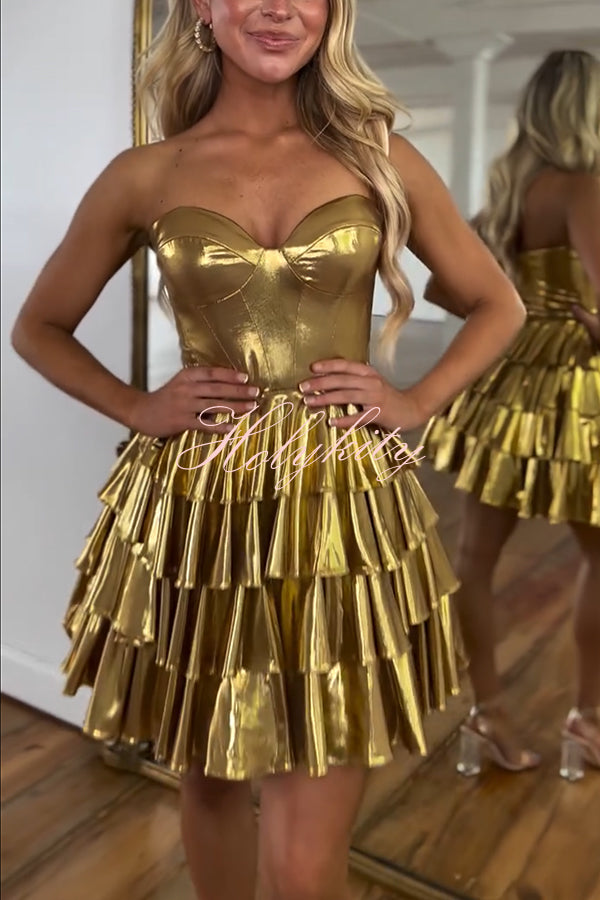 Like A Princess Metallic Fabric Off Shoulder Layered Rusffles Mini Dress