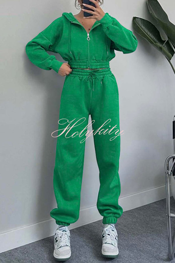 Hooded Zip Up Waist Sweatshirt and Elastic Waist Lace Up Pants Set