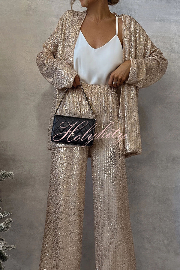 Party Scene Sequin Open Front Long Sleeve Drape Coat