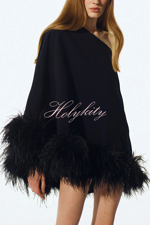 Vegas Living One Shoulder Feather Hem Party Mini Dress