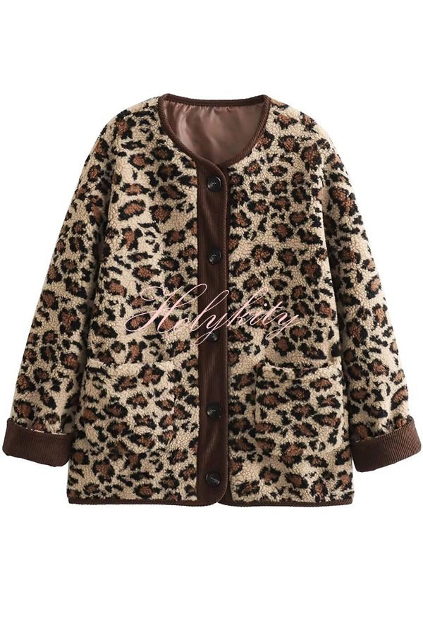 Warm Feel Colorblock Leopard Print Plush Button Up Pocketed Teddy Jacket