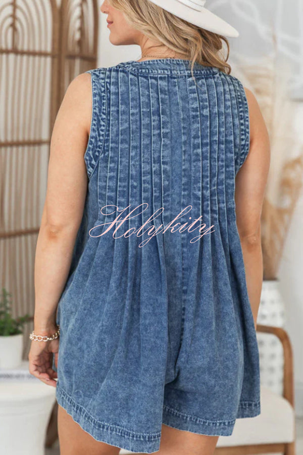 Downtown Daze Denim Pleated Tie-up Pocketed Loose Romper