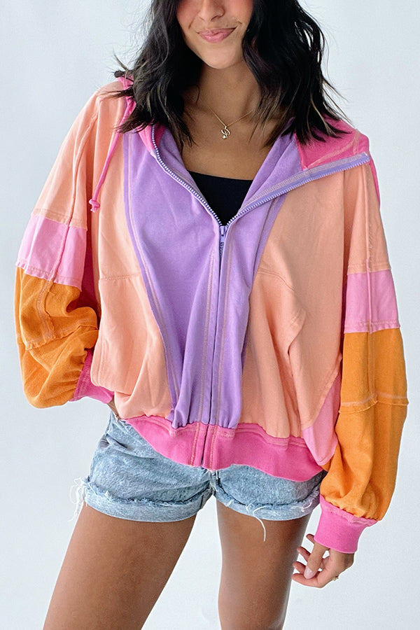 Fresh Color Matching Fashionable Loose Casual Hooded Jacket