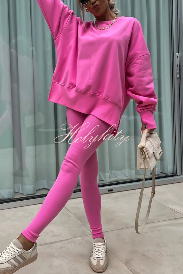 Solid Color Loose Long Sleeve SlitSweatshirt and Elastic Waist Tight Pants Set