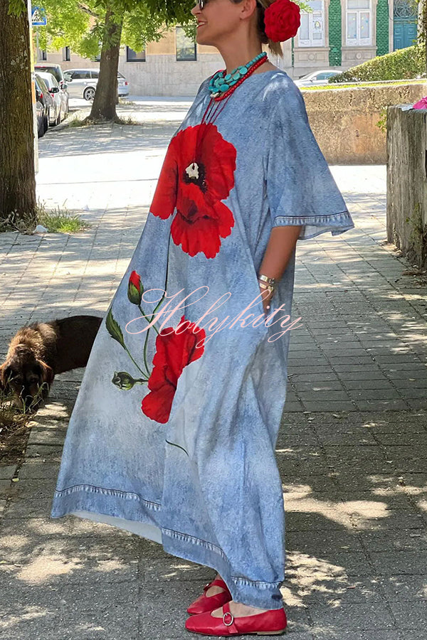 Poppy Imitation Denim Fabric Printed Bell Sleeve Pocketed Loose Maxi Dress