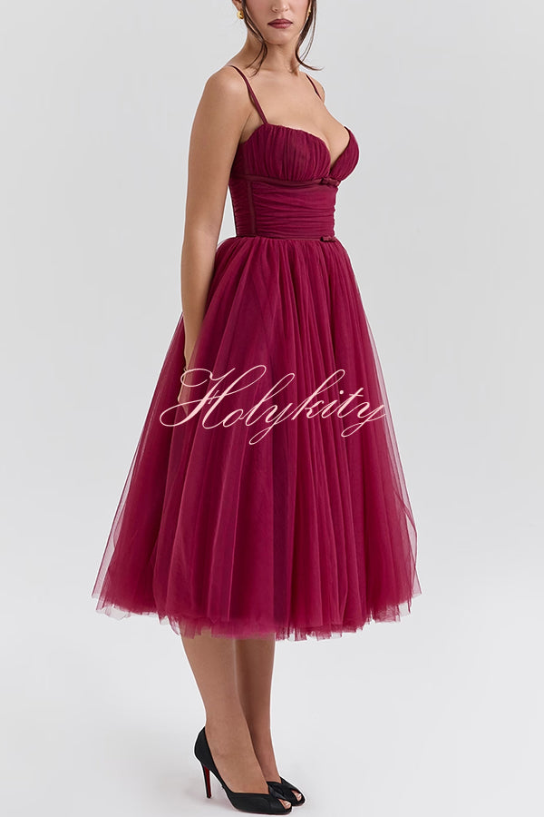 Royal Treatment Tulle Bows Detail Ruched Slip Midi Dress