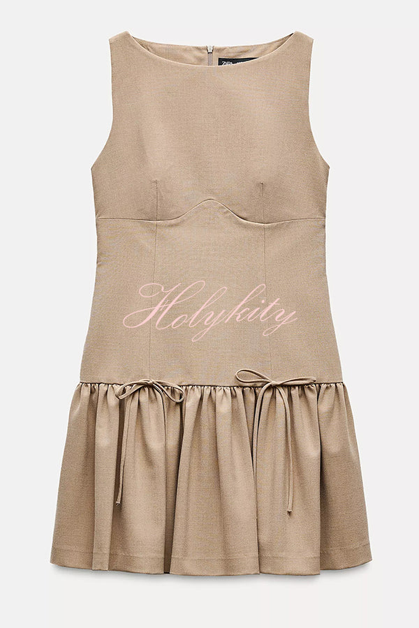 Solid Velvet Bow Embellished Sleeveless Mini Dress