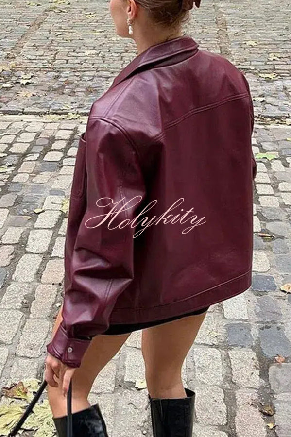 Y2K Burgundy Faux Leather Pocketed Zipper Loose Jacket