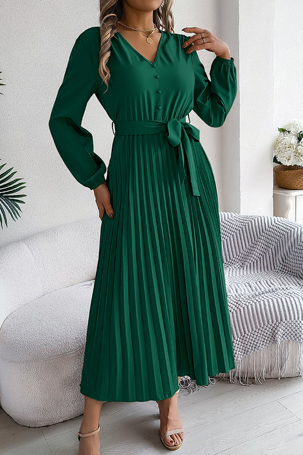 Solid Color Elegant V-neck Buttoned Lace-up Pleated Maxi Dress