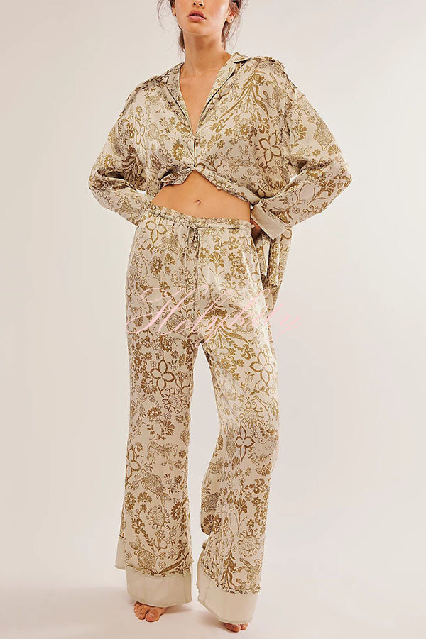 Unique Printed Lounge Long-sleeved Shirt and Elastic Waisted Baggy Pants Set