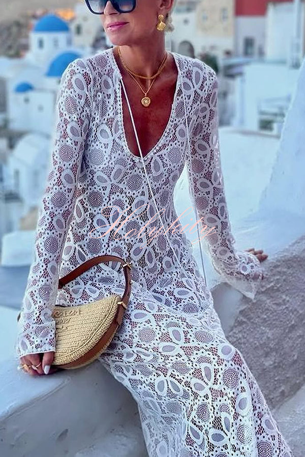 Santorini Sunset Floral Lace Long Sleeve Slit Vacation Maxi Dress