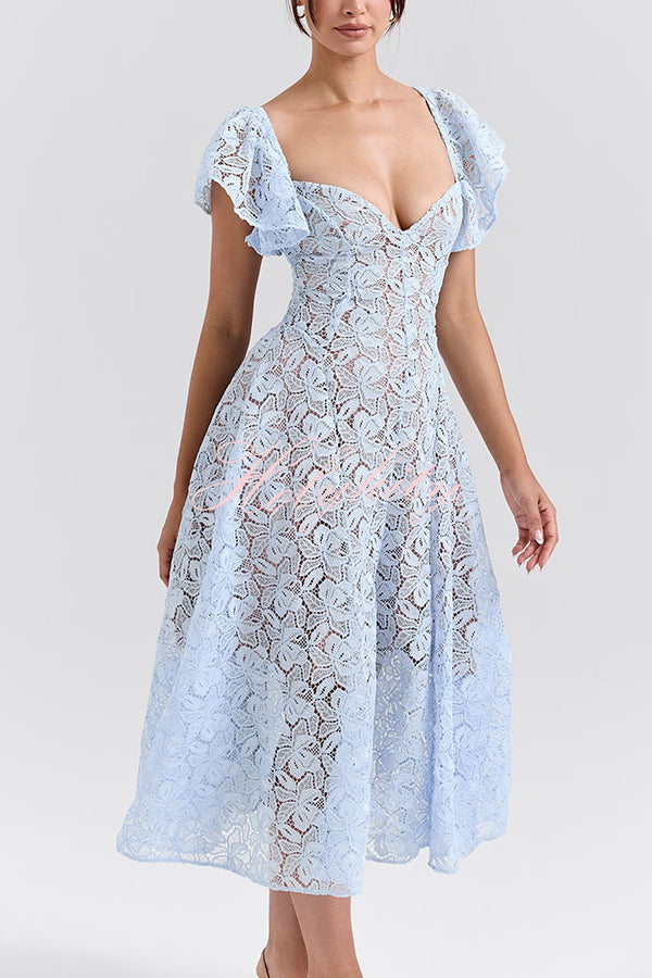 Romantic Atmosphere Bluebell Lace Butterfly Sleeve Sweetheart Neck Stretch Midi Dress