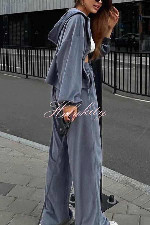 Velvet Casual Zip-up Hooded Top and Elastic Waist Wide Leg Pants Set