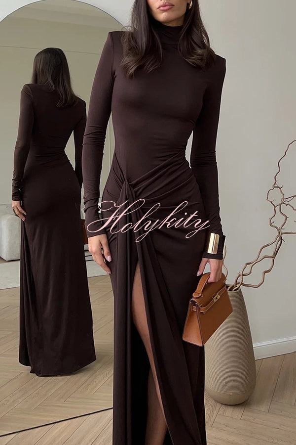 Luxe Silhouette High Neck Shoulder Pads Drape Stretch Maxi Dress