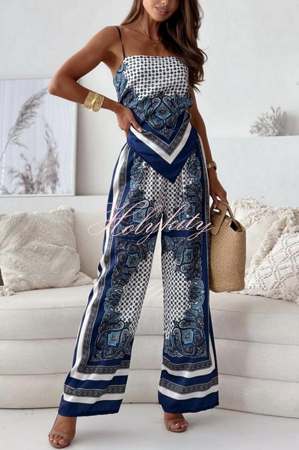 Unique Printed Sling Backless Strappy Top and Elastic Waisted Loose Pants Set
