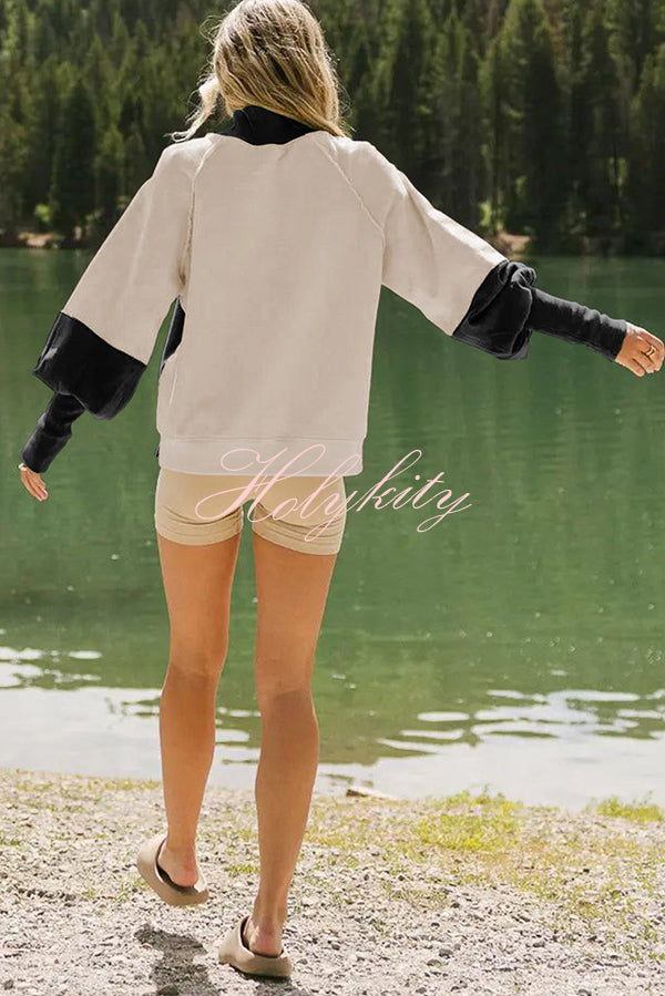 Fashionable Contrast Color Stitching Long Sleeve Loose Sweatshirt