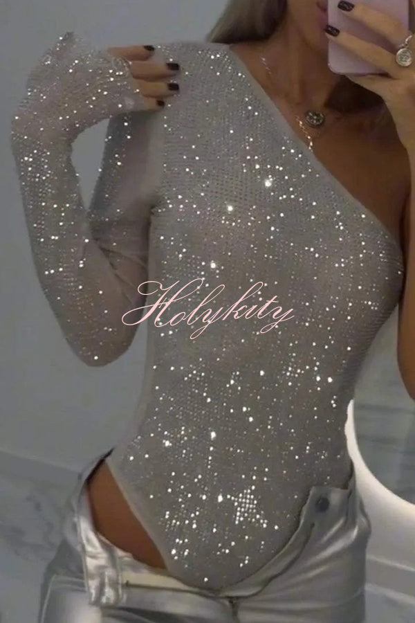 Solid Color Sequined One-shoulder Slim-fit Rompers