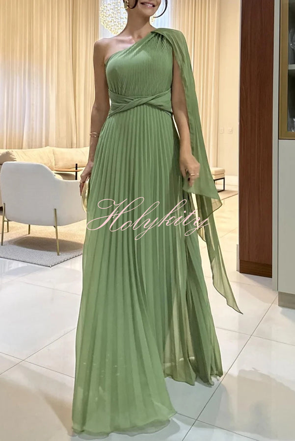 Kate Pleated One Shoulder Drape Sleeve Twist Waist Maxi Dress