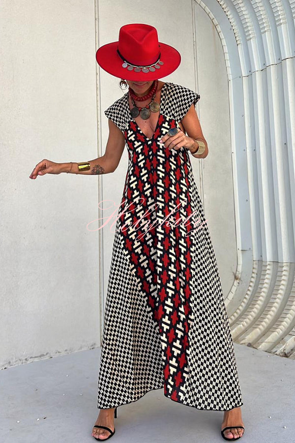 Fresh Breeze Ethnic Unique Print Ruffle Sleeve A-line Maxi Dress