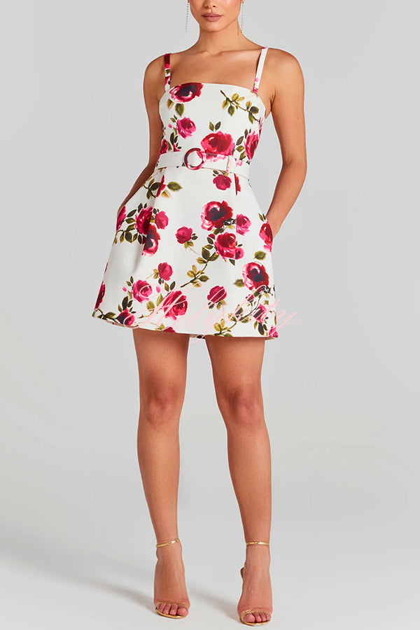 Sweet Blossom Watercolour Rose Print Buckle Belt Pocketed Mini Dress