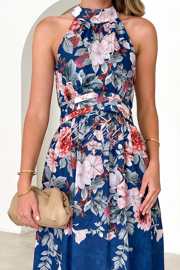 Floral Print Halterneck Tie Zip Smocked Maxi Dress