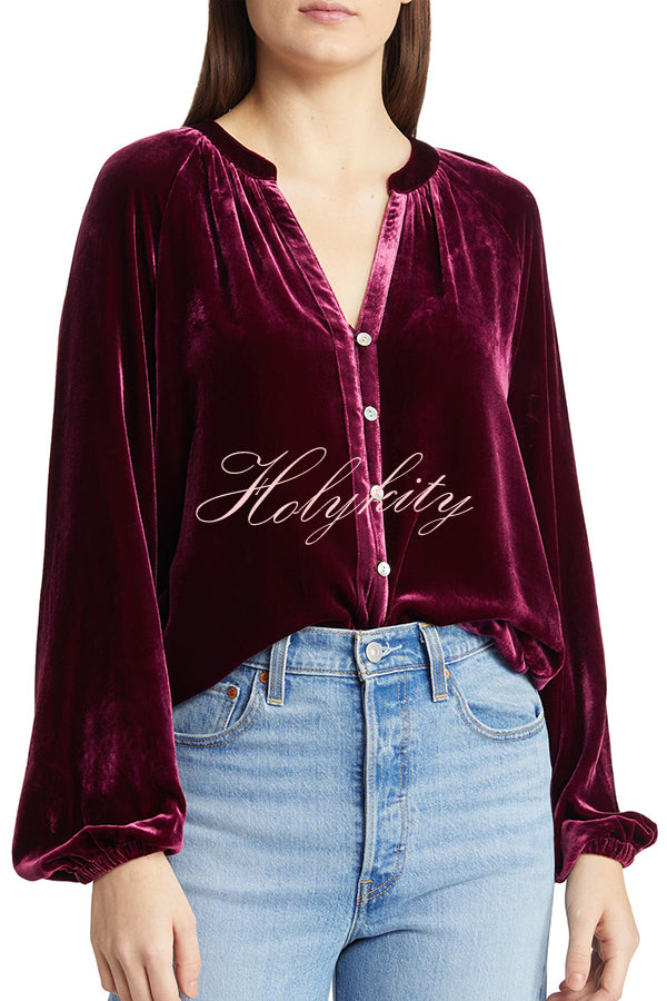 Solid Color Velvet V-neck Long-sleeved Shirt