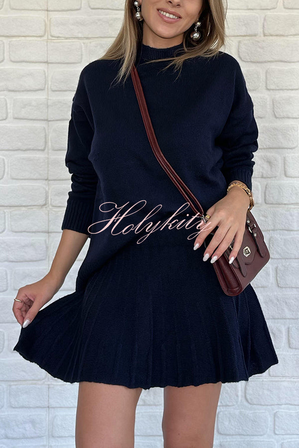 Solid Color Casual Preppy Knit Top and Knit Stretch Pleated Mini Skirt Set