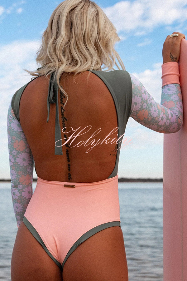 Floral Print Paneled Long-sleeved Open Back Stretch One-piece Swimsuit