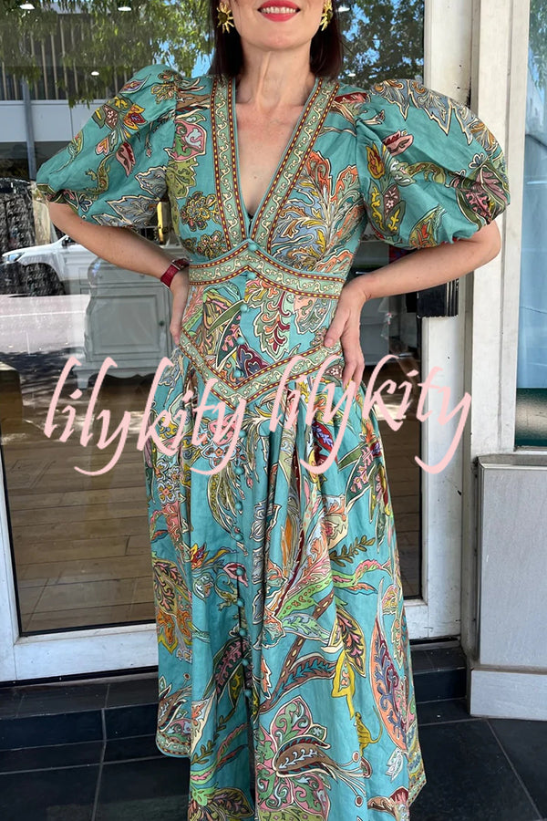 Chic Vacation Linen Blend Unique Print Button Puff Sleeve Pocket Maxi Dress