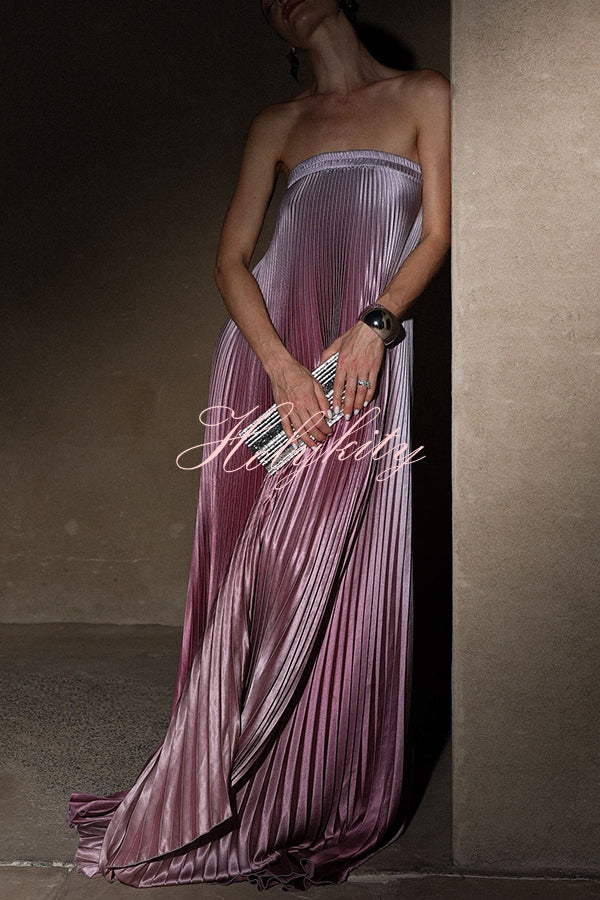 Gorgeous Styling Satin Pleated Elastic Bust Strapless A-line Gown Maxi Dress