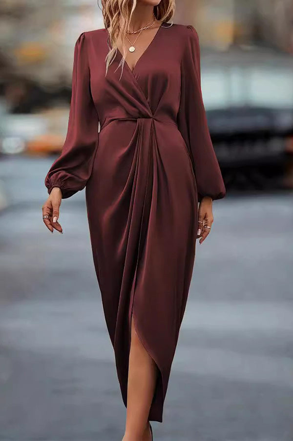 Satin V-neck Long-sleeved Slit Irregular Hem Midi Dress