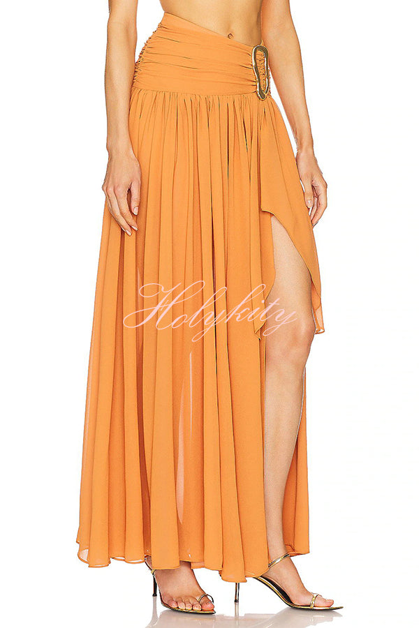 Vacation Chic Chiffon High Rise Flowy Asymmetrical Drape Maxi Skirt