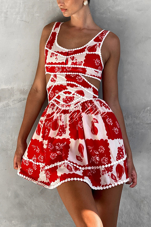 Holiday Colors Ric Rac Trims Unique Print Cutout Round Neck Mini Dress