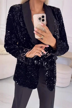 Fashion Sequin Lapel Long Sleeve Casual Blazer