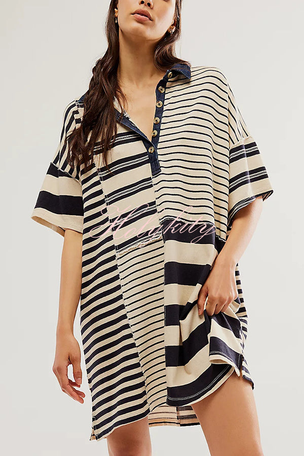 Contrast Striped Patchwork Denim Lapel Loose Casual Mini Dress