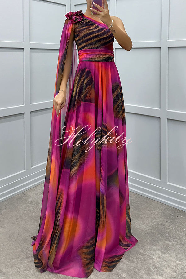 Lucia Unique Print Floral Detail One Shoulder Draped Sleeve Gown Maxi Dress