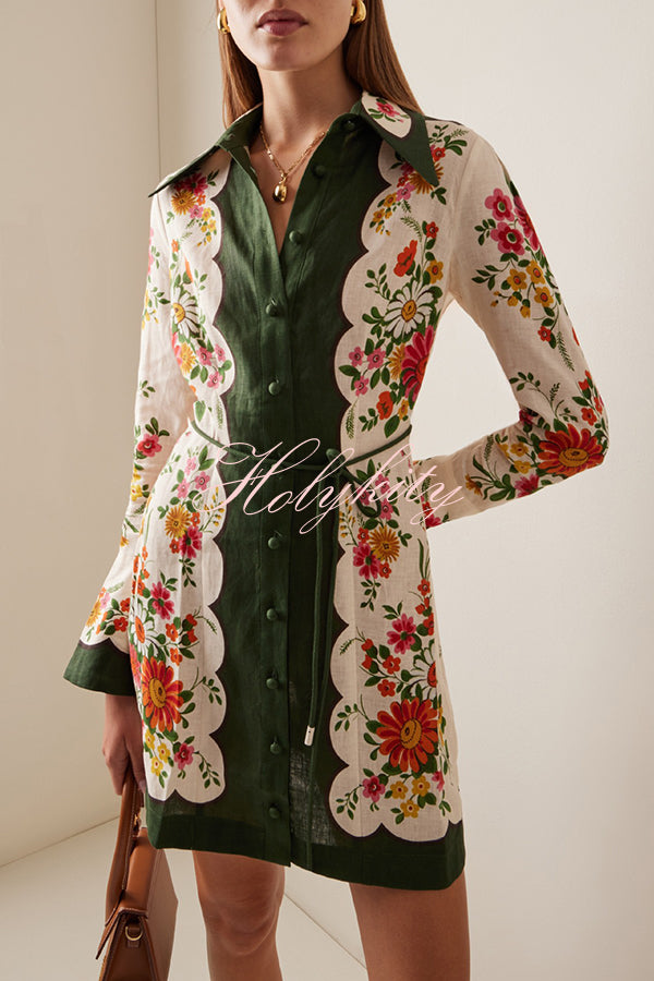 Botanical Floral Print Tie-waist Long-sleeved Single-breasted Mini Dress