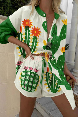 Beautiful Contrasting Cactus Print Button Pocket Lace Up Shorts Set