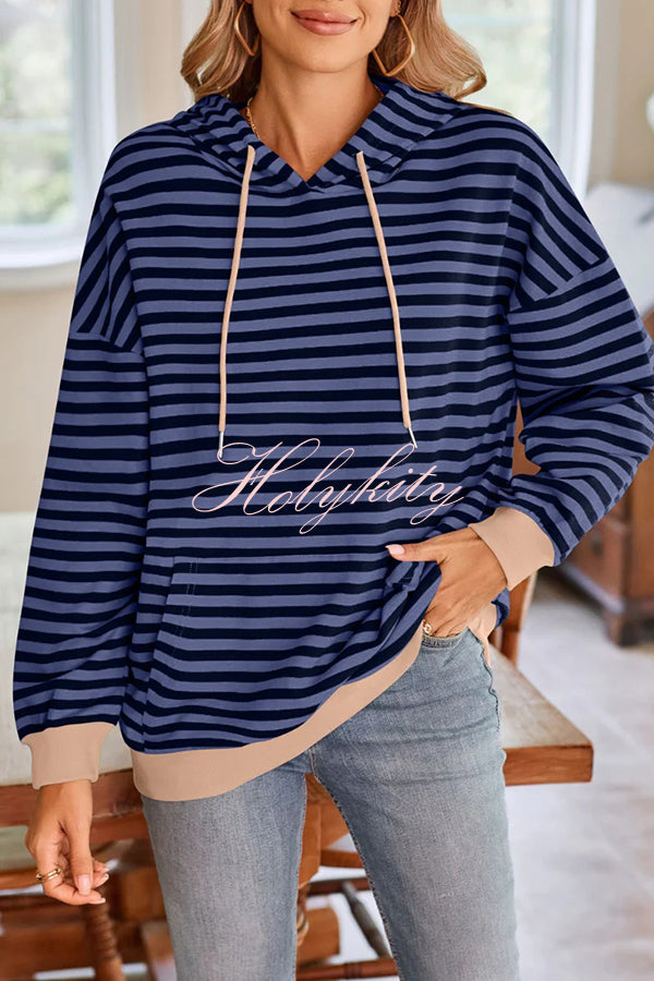 Striped Print Long Sleeve Pocket Loose Hoodie