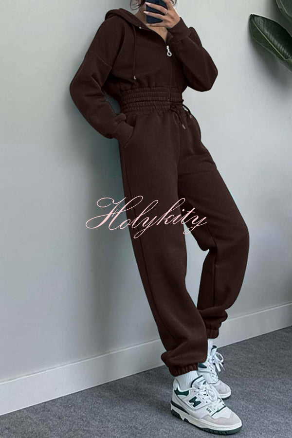 Hooded Zip Up Waist Sweatshirt and Elastic Waist Lace Up Pants Set