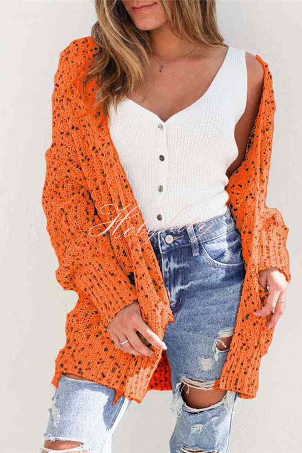 Aminga Colorful Spotted Pocket Crochet Long Sleeved Cardigan