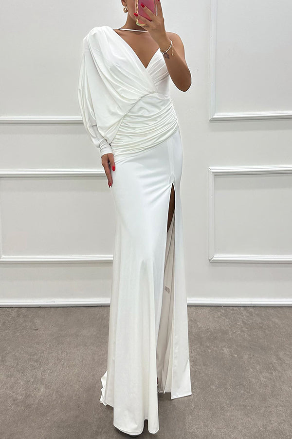 Like Venus One Shoulder Bat Sleeve Ruched Detail Slit Gown Maxi Dress